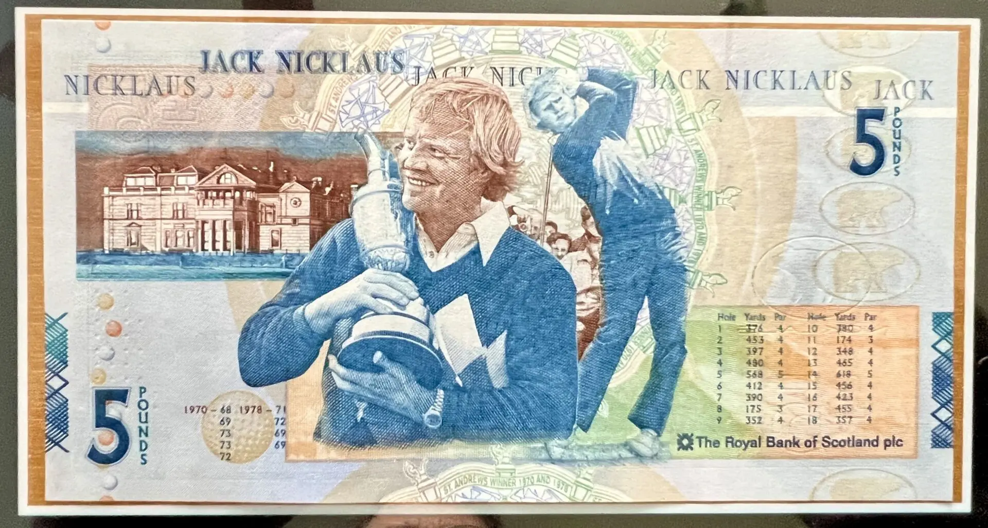 A close up of the back side of a jack nicklaus golf card